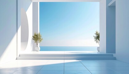 Fototapeta premium Architectural serenity modern open space with ocean view coastal environment minimalist design tranquil atmosphere