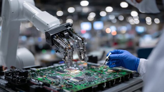 A cobot's multi-fingered gripper expertly assembles electronic components alongside a focused engineer in a pristine workspace.