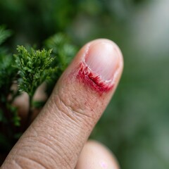 Injured finger with bleeding cut closeup
