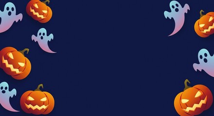 Spooky Halloween night background with glowing pumpkins and friendly ghosts for your seasonal designs