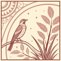 Elegant bird perched on a branch with stylized foliage and decorative sun motif