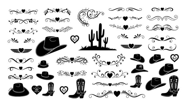 Cowboy hats boots cactus and decorative heart elements vector