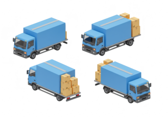 Photo of a collection of blue delivery trucks with boxes, isolated on transparent background