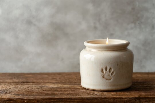 Ceramic candle with paw print on wooden table