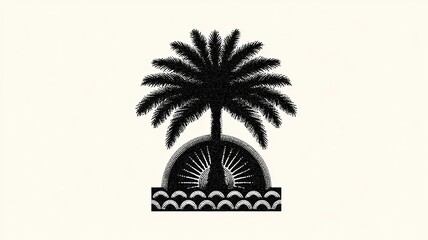 Stylish Tropical Palm Tree Silhouette with Geometric Sunburst and Waves Design