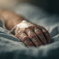  Elderly hand with IV drip resting on hospital bed