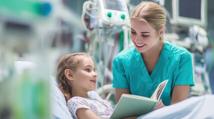 Bedside story scene: healthcare professional reading to sick child in soft lamp light
