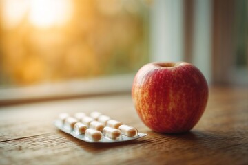 Apple and blister pack of pills on wooden table