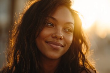 Smiling woman in sunset light with loose hair outdoors