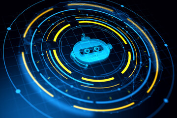 Futuristic glowing chatbot icon with digital circular interface elements in neon blue and yellow on a dark virtual grid background. 3D Rendering