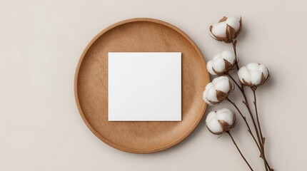 Square invitation card mockup on a wooden plate with a dried cotton branch