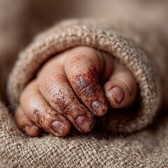 Dirty baby hand wrapped in burlap cloth closeup