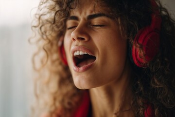 Young woman singing with red headphones indoors