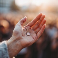 Open hand holding coin in crowd at sunset