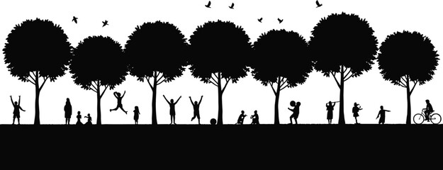 Silhouette of people in park, outdoor activities, trees, birds, family fun, nature lifestyle, leisure time, children playing, exercise, relaxing