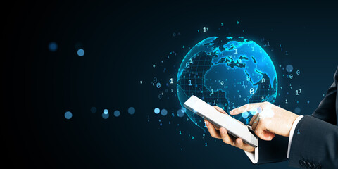 Business hand using smartphone with digital global map and binary data background representing mobile cloud network and internet technology world.