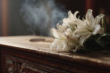 White lilies on wooden coffin with incense smoke