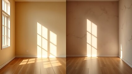 A side-by-side comparison of empty rooms showcasing different wall textures in ambient light.