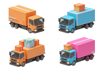 Photo of a set of colorful toy delivery trucks carrying gifts isolated on transparent background, showcasing a playful take on logistics