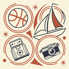 Retro style collection of vintage objects including a basketball sailboat and cameras