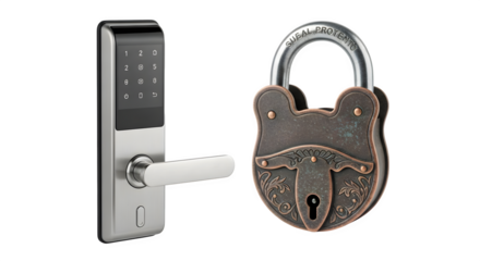 Digital door lock and an old padlock side by side    .ai generative, transparent background, white background. isolated on white background, png, jpeg, jpg.