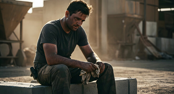 Tired construction worker resting break labor industry hard work fatigue stress exhausted occupation job site