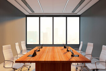 Modern corporate boardroom interior with wooden desk, white chairs, and large city-view windows in minimalist office setting. 3D Rendering