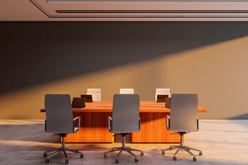 Modern empty boardroom with wooden desk and office chairs under sunlight in minimalist corporate interior with clean workspace design. 3D Rendering
