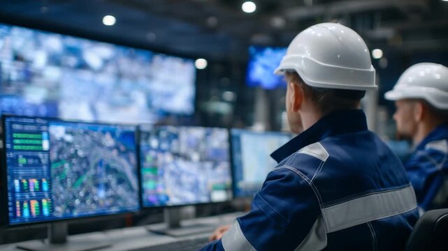 Engineers in a control room monitor IoT sensor data on temperature, humidity, and toxic gases to ensure safety in hazardous areas.