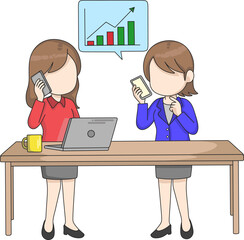 Cartoon office women discussing business growth on phone, standing at desk with laptop and chart. Cute vector style, teamwork and communication concept