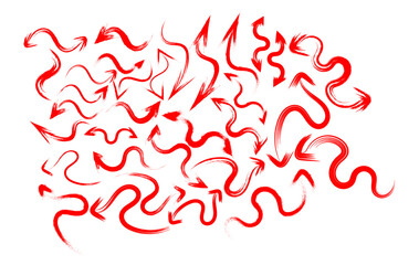 A dynamic collection of hand drawn red arrows created with dry brush strokes, featuring curved, wavy, and grunge styles. Perfect for infographic elements, direction signs, presentations, posters.