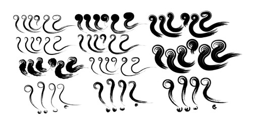 Obraz premium Collection of black ink brush strokes featuring elegant question mark style curves, swirls, and calligraphic shapes, ideal for use in branding, digital illustration, posters, typography design.