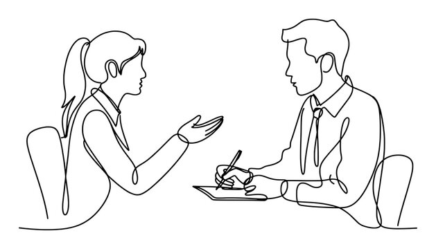 Woman talking man writing interview people conversation
