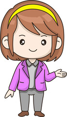 A cheerful, cute cartoon businesswoman in a purple jacket and gray pants, with a yellow headband