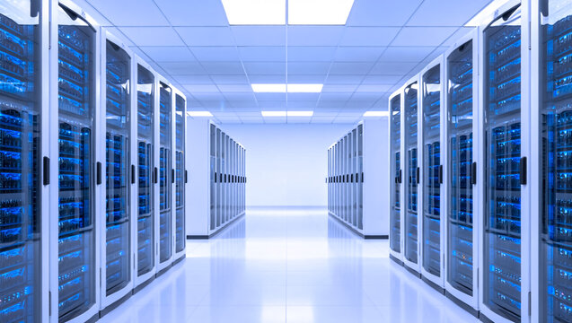 High-Tech Data Center Corridor &ndash; Industrial Server Room Featuring Symmetrical Racks, Blue-Lit Equipment, Reflective Floor, and Bright Ceiling Lights
