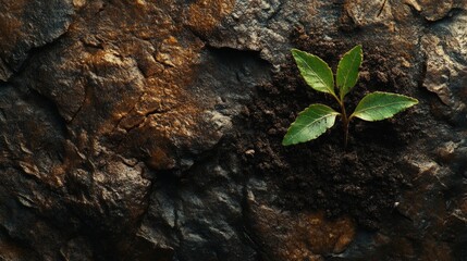 Young plant sprouting from rich soil on rocky surface