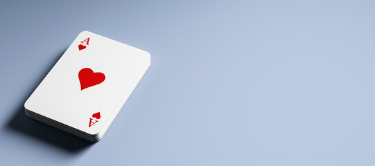 Ace of hearts on top of stacked playing cards placed on blue gradient background with blank copy space for casino, game or branding template use. 3D Rendering