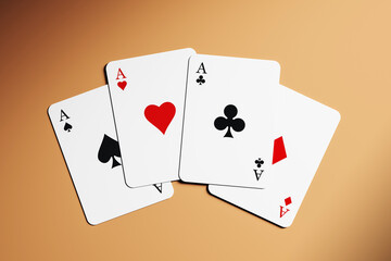 Four aces playing cards isolated on clean gradient background with top view design for casino gaming, branding, and entertainment concepts. 3D Rendering