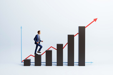 Businessman climbing bar graph steps with upward arrows showing success and growth on light background, symbolizing progress and achievement.