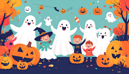 Cute Halloween cartoon illustration with happy ghosts, pumpkins, candies, and kids