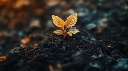Young plant sprouting in rich soil at sunset glow