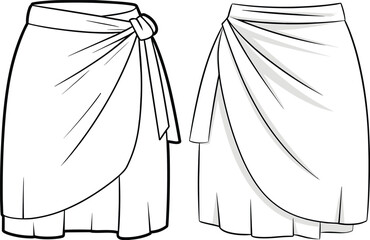 Women’s wrap skirt fashion flat with side knot, pleated drape, technical drawing front and back view, apparel design illustration vector