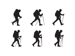 Six silhouette hikers with backpacks and poles isolated on white background