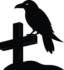 Silhouette of a crow perched on a cross isolated on white background