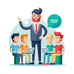 Confident Boss Giving Constructive Team Feedback in Office – Leadership Communication and Teamwork Concept Vector Illustration for Business Use