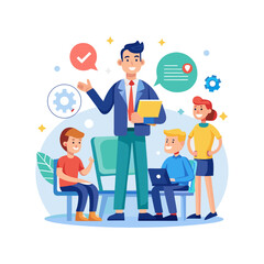 Confident Boss Giving Constructive Team Feedback in Office – Leadership Communication and Teamwork Concept Vector Illustration for Business Use