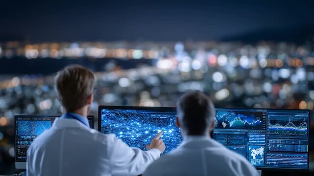 Data scientists evaluate AI predictive models on large screens, immersed in digital networks and machine learning visualizations.