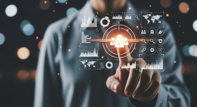 A businesswoman and a businessman are using their hands to interact with a virtual screen that displays a global network map