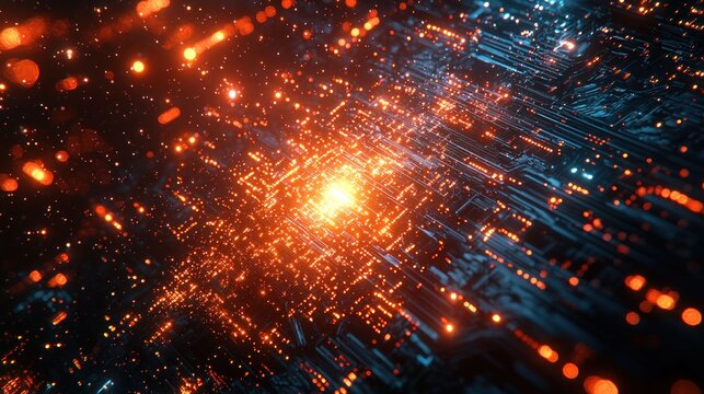 Abstract Digital Circuitry: Glowing Network of Orange and Blue - Powered by Adobe
