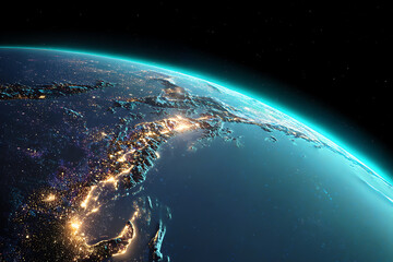 Fototapeta premium Dramatic View of Earth from Space at Night, Showcasing City Lights and Atmospheric Glow on the Horizon